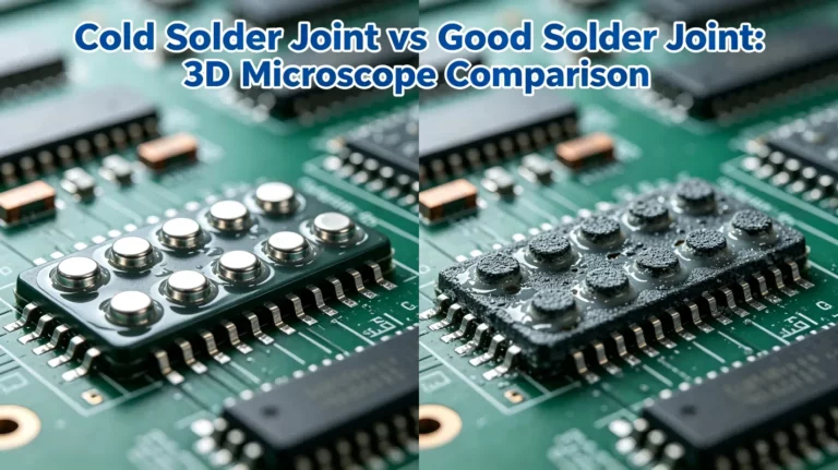 comparison of cold solder joint and good solder joint under a 3D microscope for PCB inspection SMT quality control and solder joint evaluation